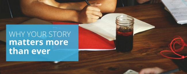People writing their company's story while sitting at a table.